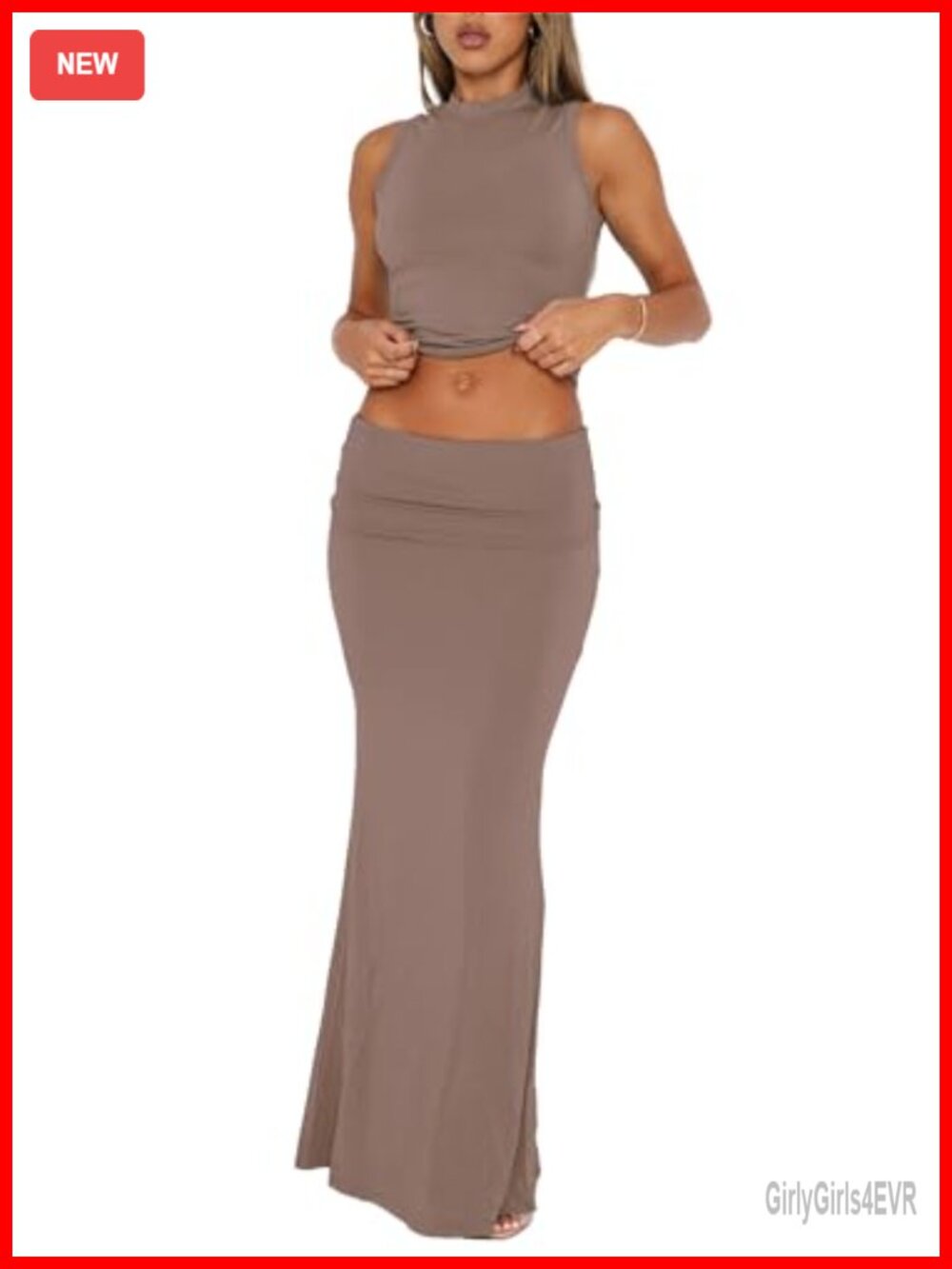 Womens 2 Piece Maxi Skirt Set Sleeveless Tank Top Mock Neck Foldover Waistband